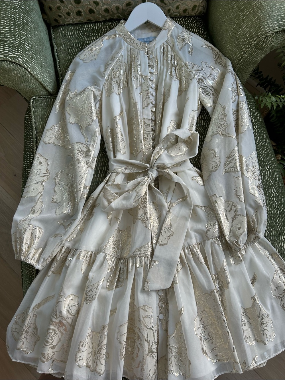 Antonio Melani Floral Tie-Waist Midi Dress White & Gold metallic Cocktail-Semi-F